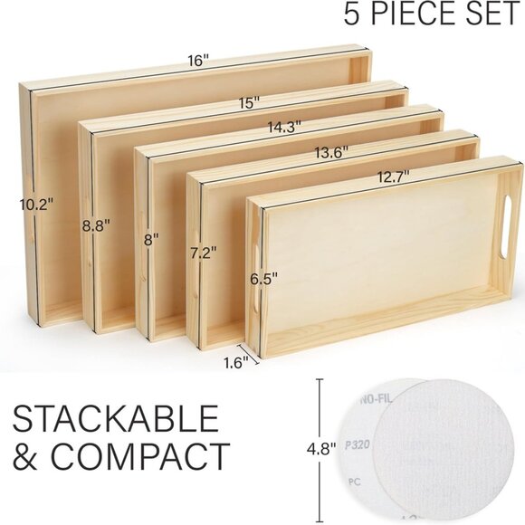 Multicraft Wooden Nested Serving Trays, Set of 5, Unfinished Natural Wood Trays - Picture 5 of 7